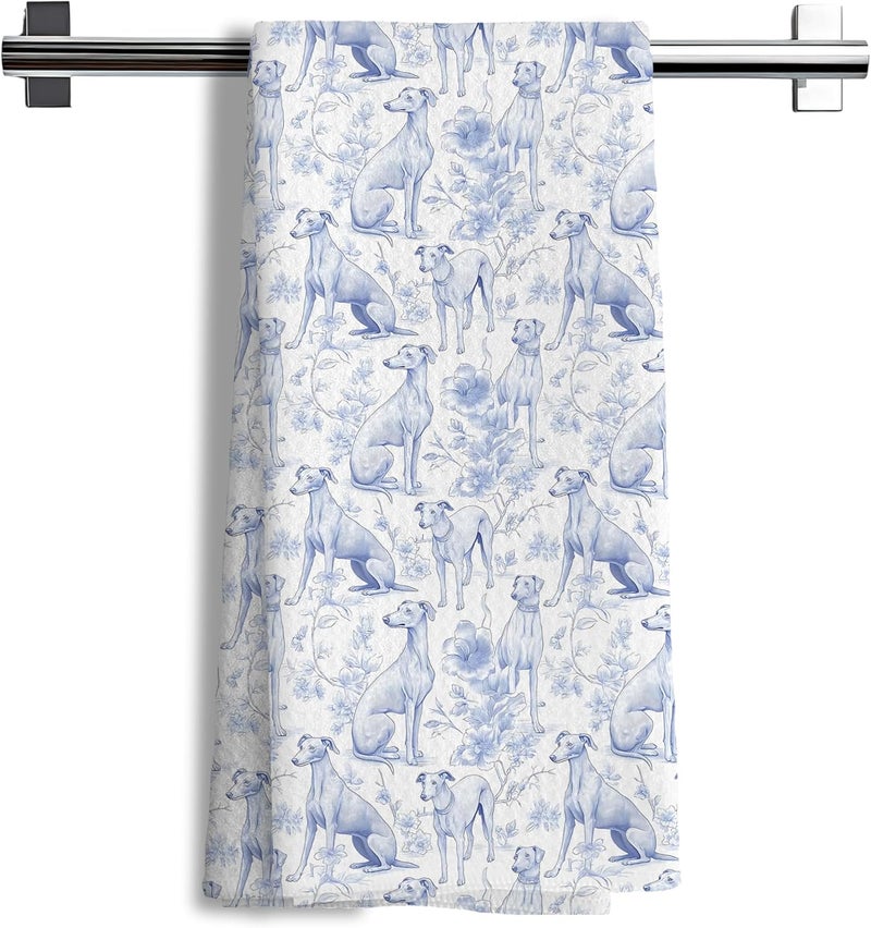 Nipil Chinoiserie Greyhound Floral Kitchen Towels,Greyhound Dog Gifts Decorative Hand Towels,Blue and White Grandmillennial Botanical Dog Floral Dish Tea Towels for Kitchen Bathroom, 16x24 Inch - Image 1